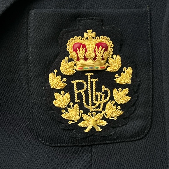 Lauren Ralph Lauren Navy Blue Preppy Academia Gold Logo Crest Wool Blazer sz 10 - Picture 4 of 12